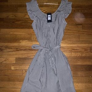 blue and white stripped dress, medium length